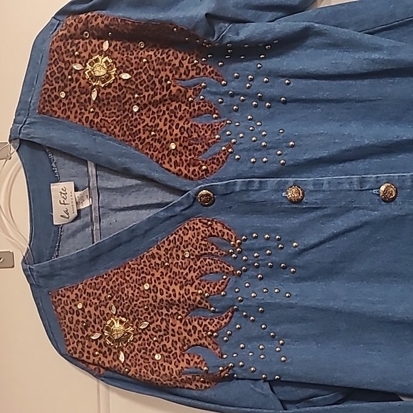 Vintage la Fete Denim Animal Leopard Print Beaded Blouse Jacket Button Up USA OS - Picture 2 of 4